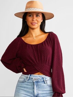 Willow Root Textured Wine Twist-Front Long-Sleeve Crop Top